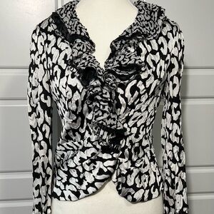 Alberto Malaki Ruffled Blouse Animal Print Long Sleeve Top Black White Career SM